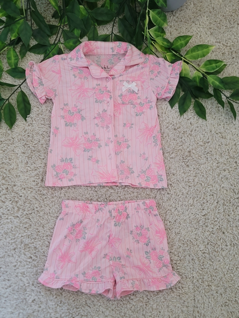 Baby Girl Pink & Green Floral & Bow Pajamas (18-24 Months)